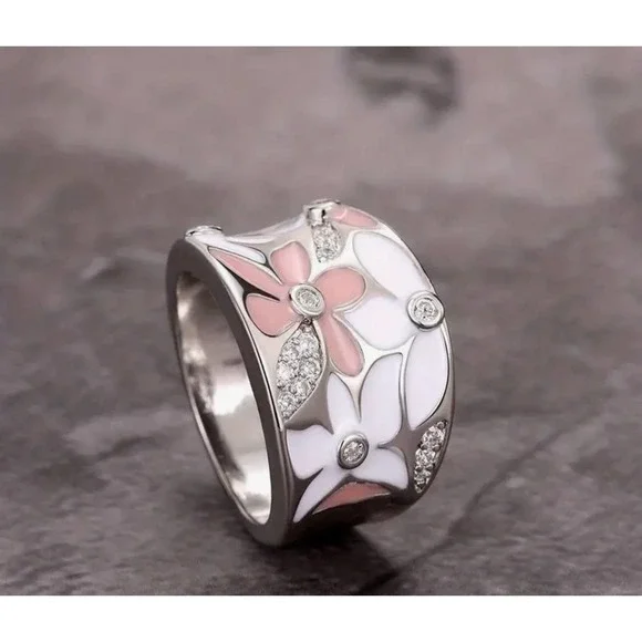 Silver Plated Zircon Pink Enamel Flower Ring - Picture 4 of 4